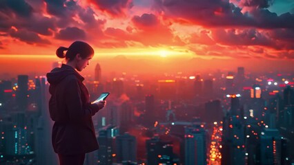 Silhouette of a young person using a smartphone, standing against a large cityscape during sunset, highlighting the modern urban lifestyle.