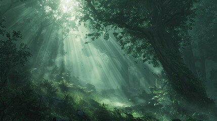 Misty forest scene with sunlight filtering through the trees, casting enchanting shadows