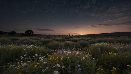 Obraz premium A field of wildflowers under a moonlit sky, their petals gleaming with an array of dusky tones ai_generated