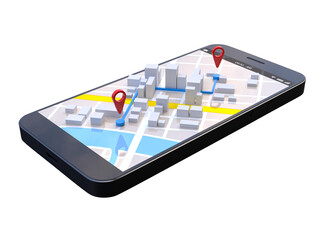 Mobile GPS navigation concept, Smartphone with city map application and marker pin pointer on transparent background