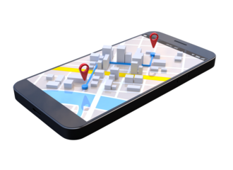 Mobile GPS navigation concept, Smartphone with city map application and marker pin pointer on transparent background