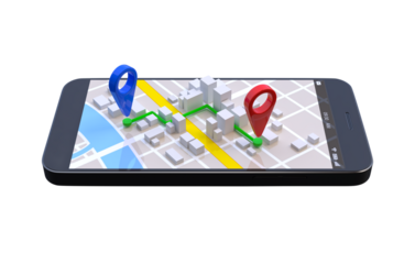 Mobile GPS navigation concept, Smartphone with city map application and marker pin pointer on transparent background