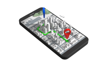 Mobile GPS navigation concept, Smartphone with city map application and marker pin pointer on transparent background