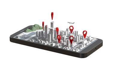 Mobile GPS navigation concept, Smartphone with city map application and marker pinpoint transparent...