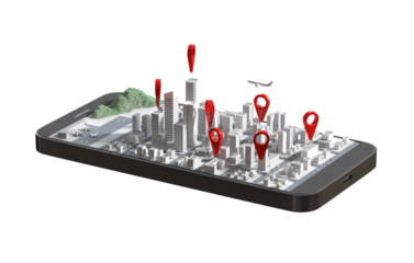 Mobile GPS navigation concept, Smartphone with city map application and marker pinpoint transparent background