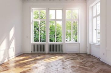 Fototapeta premium Spacious empty room with a large window and polished parquet floor, offering serene interior design in Berlin, Germany