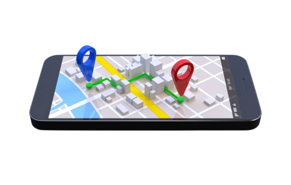 Mobile GPS navigation concept, Smartphone with city map application and marker pin pointer on transparent background