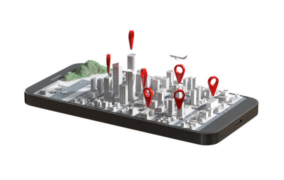 Mobile GPS navigation concept, Smartphone with city map application and marker pinpoint transparent background