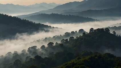A majestic mountain range veiled in mist, revealing glimpses of vibrant foliage amidst the shadows ai_generated