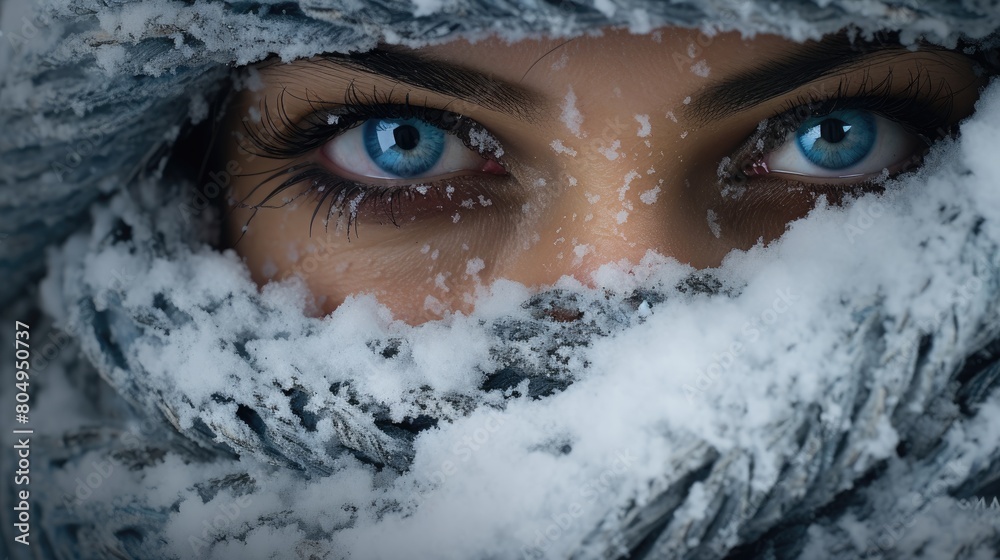 Wall mural captivating blue eyes peeking through the snow