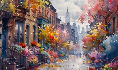 New York streets with windows and houses and flowers in watercolor style