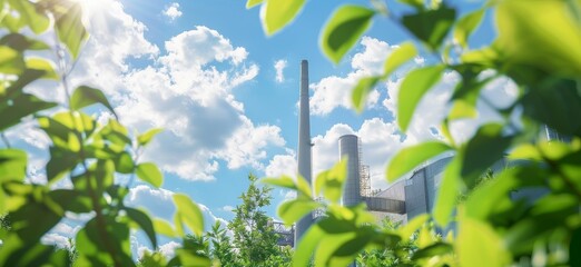 Industrial factory behind green foliage under a sunny sky with fluffy clouds. Created with Generative AI