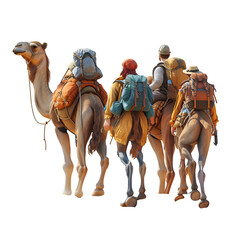 A 3D animated cartoon render of a desert camel leading hikers to an oasis.
