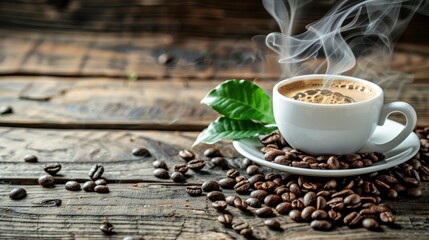 A steaming cup of coffee with beans and a green leaf on a rustic wooden table. Created with...