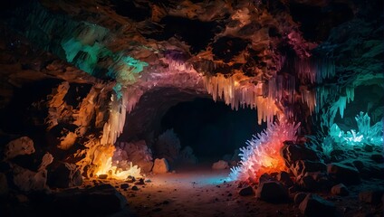 Fototapeta premium A mystical cave adorned with luminescent crystals, illuminating the darkness with a myriad of colors ai_generated
