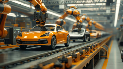 Robotic arms in a car factory assembling an orange sports car on an industrial production line. Created with Generative AI