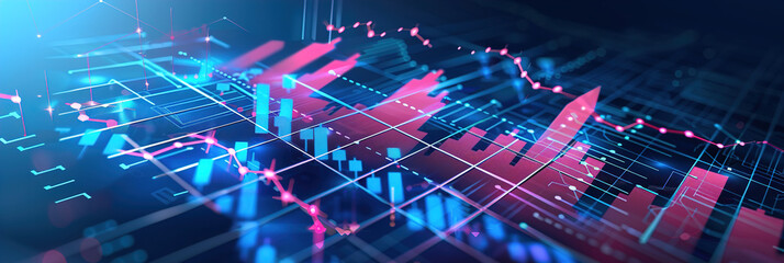 Obraz premium Graph, chart and hologram of stock market, financial management and investment profit tracking.