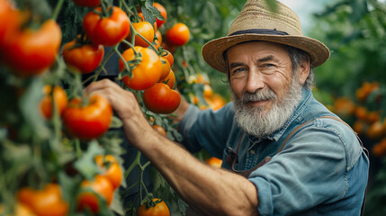 Organic farmer checking his tomatoes in a hothouse. - Powered by Adobe