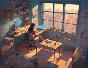 Fototapeta premium A young woman sits at her computer desk