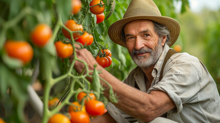 Organic farmer checking his tomatoes in a hothouse.