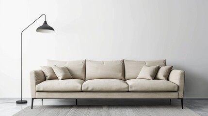 Minimalist living space with a beige sofa and a stylish floor lamp, set against a clean white wall. Created with Generative AI