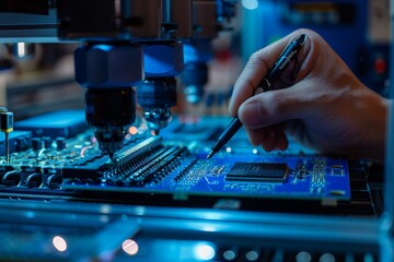Precision engineering: A technician fine-tunes circuitry on a high-tech electronic board with specialized tools. Created with Generative AI - obrazy, fototapety, plakaty