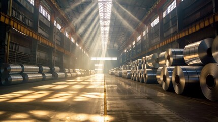 Sunlight streams through a warehouse with rows of steel coils, casting dramatic shadows on the floor. Created with Generative AI - obrazy, fototapety, plakaty