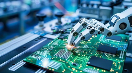A robot arm performs precise soldering on a circuit board in a modern electronics manufacturing setup. Created with Generative AI - obrazy, fototapety, plakaty