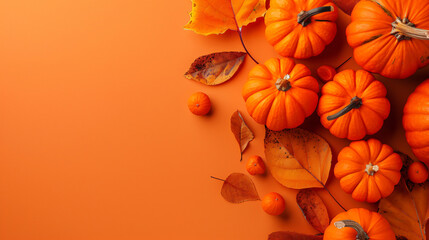Ripe pumpkins and autumn leaves on orange background 