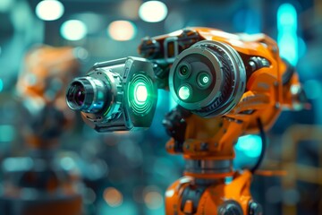 Futuristic orange robot with a camera-like head and glowing green eye in an industrial setting. Created with Generative AI - obrazy, fototapety, plakaty