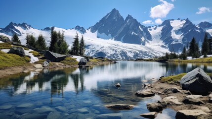 Serene mountain lake landscape with snowy peaks