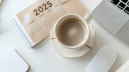 A cup of coffee on a desk with a laptop, 2025 calendar in the background, suggesting a modern workspace. Created with Generative AI - obrazy, fototapety, plakaty