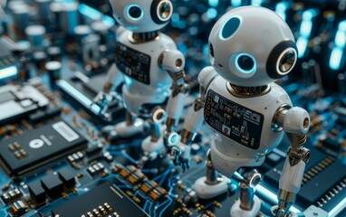 Two small humanoid robots with blue eyes on an electronic circuit board. High-tech and futuristic vibe. Created with Generative AI - obrazy, fototapety, plakaty