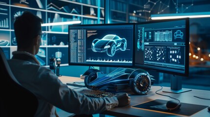 A professional designer works on a futuristic car model in a high-tech office with dual monitors displaying blueprints. Created with Generative AI - obrazy, fototapety, plakaty