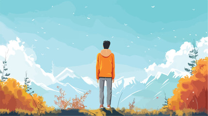 Young man standing with landscape background Vector illustration