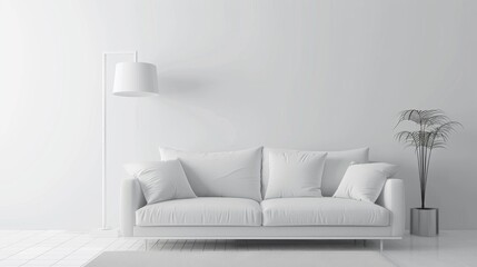 A minimalist living room with a white sofa, floor lamp, and plant in a monochrome setting. Created with Generative AI