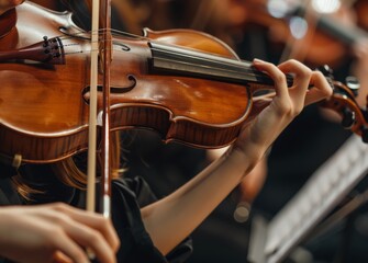 A close-up of a violinist's hands expertly playing a violin, bow in motion, with a blurred background. Created with Generative AI