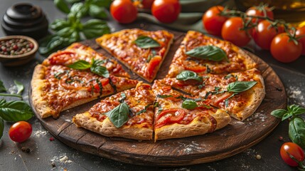 This image shows a delicious pizza. It is made with a thin crust, topped with melted cheese, fresh tomatoes, and basil. The pizza is cut into slices and is ready to be served.