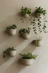 Fototapeta premium A series of minimalist wall-mounted planters with clean lines and matte finishes, arranged in a vertical garden on a neutral-colored wall, bringing greenery indoors with a contemporary touch. 