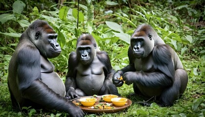 A Family Of Gorillas Sharing A Meal Together In Th  2 - obrazy, fototapety, plakaty