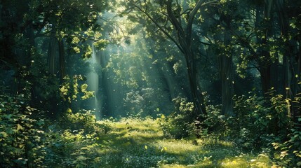 Serene forest backdrop with sunlight filtering through lush green foliage