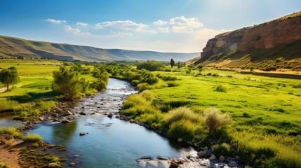 Serene mountain landscape with flowing river and lush greenery