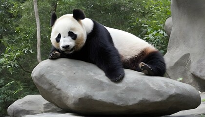 A Giant Panda Lounging On A Comfortable Rock - obrazy, fototapety, plakaty