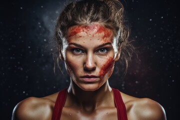 Intense female warrior with blood on her face