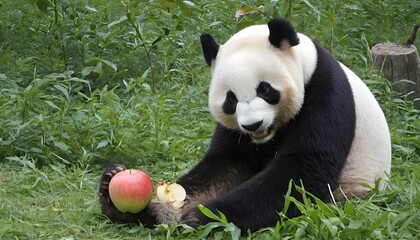 A Giant Panda Munching On A Juicy Apple  3 - obrazy, fototapety, plakaty