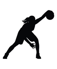 Silhouette of a women's basketball girl player who stand with the ball in her hand and performs a crossover jab - obrazy, fototapety, plakaty