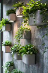 A series of minimalist wall-mounted planters with clean lines and matte finishes, arranged in a vertical garden on a neutral-colored wall, bringing greenery indoors with a contemporary touch. 