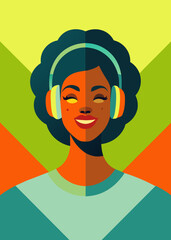 Inclusive image of a happy young gen-z black woman smiling and listening to music through headphones, vivid colours, colourful brick background