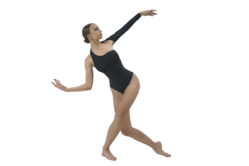 young female dancer in a bodysuit and barefoot shows elements of modern choreography with an eversion of the arms, isolated on transparent background, png