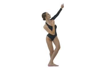 young female dancer in a bodysuit and barefoot shows elements of modern choreography with an eversion of the arms, isolated on transparent background, png